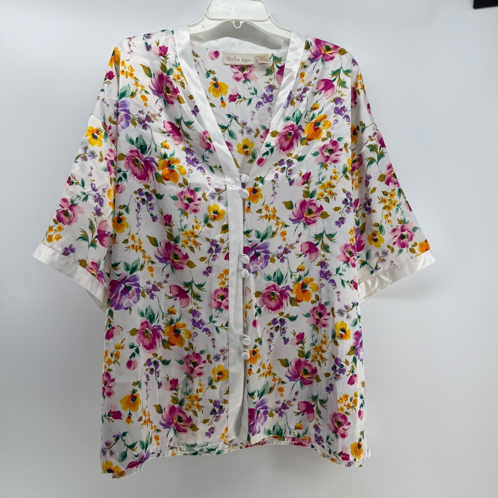 Solange Button Up Women 22/24 White Floral Satin Blouse Cottage Grandma Resort